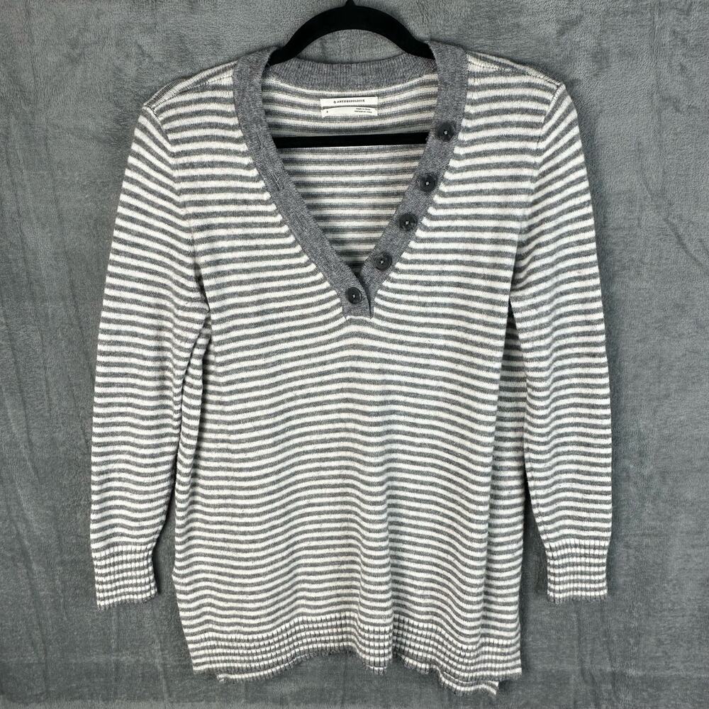 Anthropologie Sweater Womens Small Gray Striped V Neck Preppy Neutral Soft Comfy